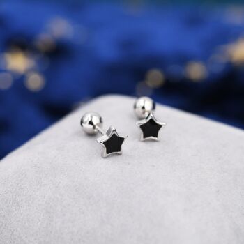 Tiny Black Enamel Star Barbell Earrings Sterling Silver, 4 of 10