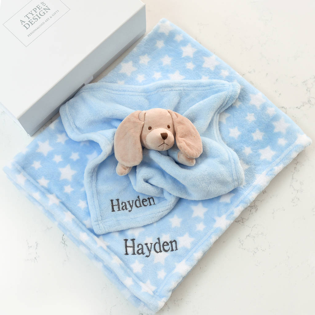 Personalised Blanket, Puppy Comforter, Art Baby Hamper By A Type Of Design