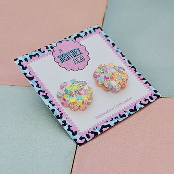 Sea Shell Glitter Resin Stud Earrings Pink, Blue And Coral, 9 of 12