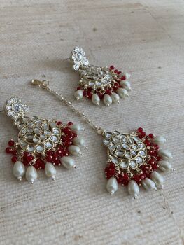Red Gold Plated Kundan Earrings And Tikka Set, 3 of 4