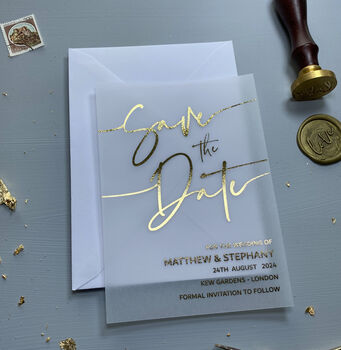 Gold Foil Vellum Save The Date Wedding Invitations, 4 of 6