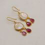Pearl Ruby Earrings, June, July Birthstone Dangle Drop Gold Earrings, thumbnail 6 of 8