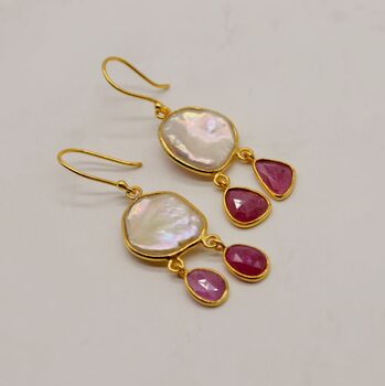 Pearl Ruby Earrings, June, July Birthstone Dangle Drop Gold Earrings, 6 of 8