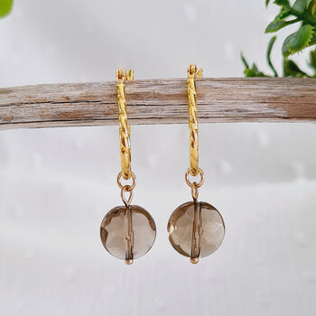 Gold Plated Twisted Oval Hoops With Smoky Quartz Drops, 3 of 5