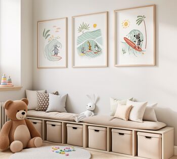 Set Of Three Whimsical Surfing Safari Animal Prints For Nursery, 2 of 4