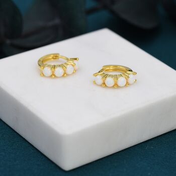 Sterling Silver White Opal Huggie Hoops, 4 of 11