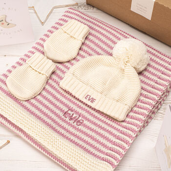Girls Dainty Stripe Blanket, Bobble Hat And Mittens Set, 4 of 12