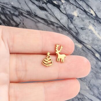 Gold Reindeer And Christmas Tree Earrings Gift, 2 of 7
