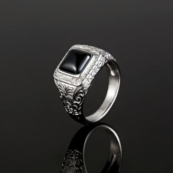 Men's Silver Black Quartz Gemstone Signet Ring, 8 of 12