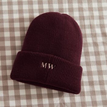 Personalised Slogan Deep Cuff Beanie Hat In Burgundy, 4 of 5