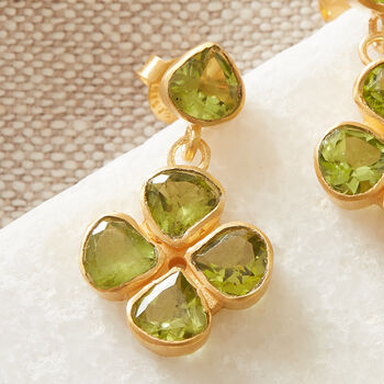 Green Peridot Clover Gold Plated Silver Stud Earrings, 5 of 12