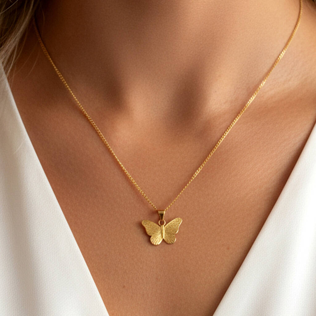 Textured Butterfly Pendant Necklace In 18k Gold, Christmas Jewellery Gift For Her, 1 of 4