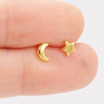 Tiny Crescent Moon And Star Stud Earrings, 5 of 11