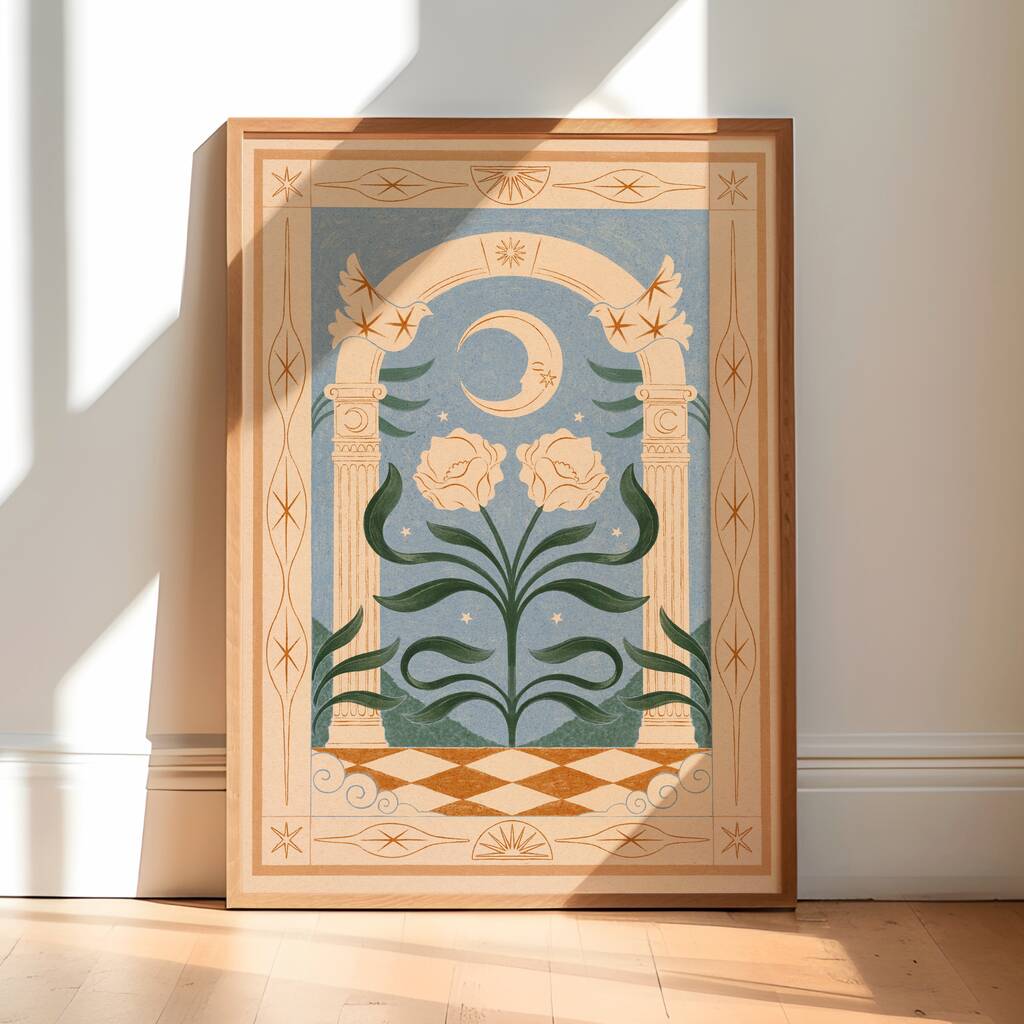 Lunar Bloom, Floral Bohemian Celestial Moon Art Print, Botanical Flower Poster, 1 of 3