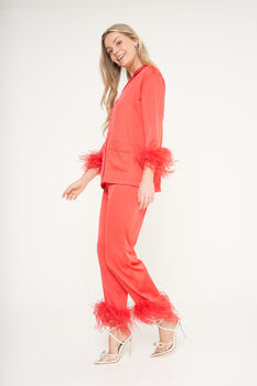 Luxury Red Feather Silky Pyjama Set, 4 of 8
