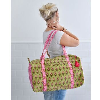 Block Printed Green And Pink Floral Quilted Duffle Bag, 2 of 5