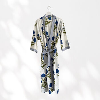 Blue Flower Block Print 100% Cotton Dressing Gown Kimono, 11 of 11