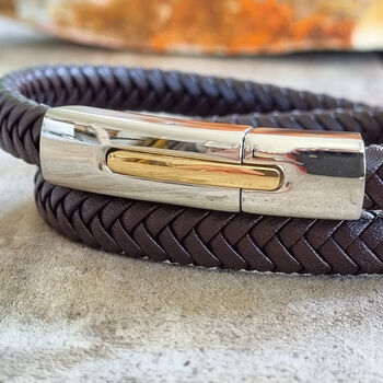 Mens Double Leather Bracelet With Gold And Silver Clasp, 4 of 7
