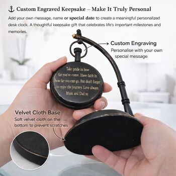 Engraved Vintage Black Desk Clock With Compass Base, 9 of 12