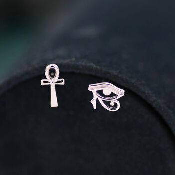 Mismatched Ankh And Eye Of Horus Stud Earrings In Sterling Silver, 2 of 12