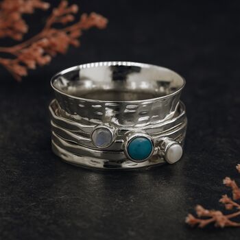 Personalised Sterling Silver Turquoise, Moonstone And Pearl Spinner Ring, 3 of 12