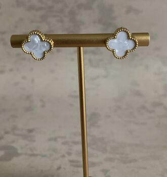 Clover White Stud Earrings, 2 of 3