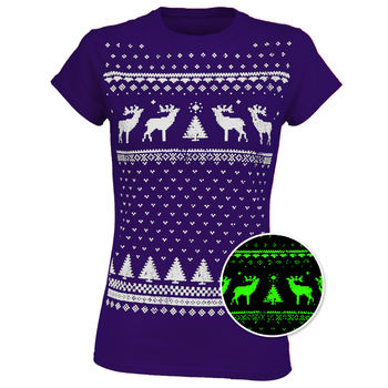 Womens Christmas Reindeer Glow In The Dark Tshirt, 5 of 9