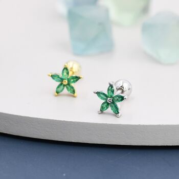 Emerald Green Cz Flower Screw Back Earrings, 7 of 11