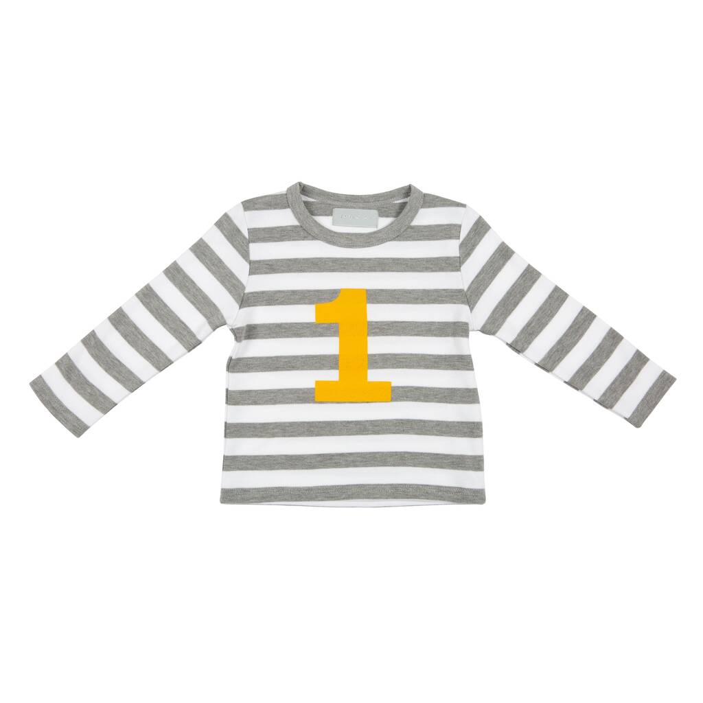 Grey Marl + White Striped Number/Age T Shirt Mustard, 1 of 6