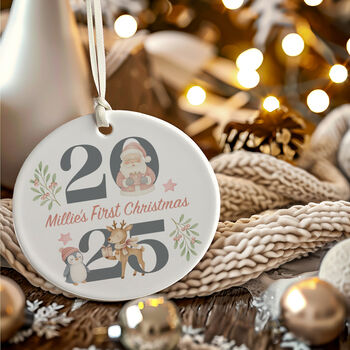 Personalised 2025 Baby's First Christmas Ceramic Bauble In Red, Pink Or Blue, 2 of 9
