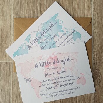 Watercolour Travel Themed Wedding Change The Date Card, 4 of 4