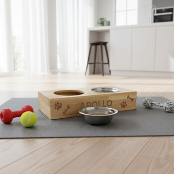 Personalised Name Engraved Bamboo Raised Double Dog Bowl, 4 of 8