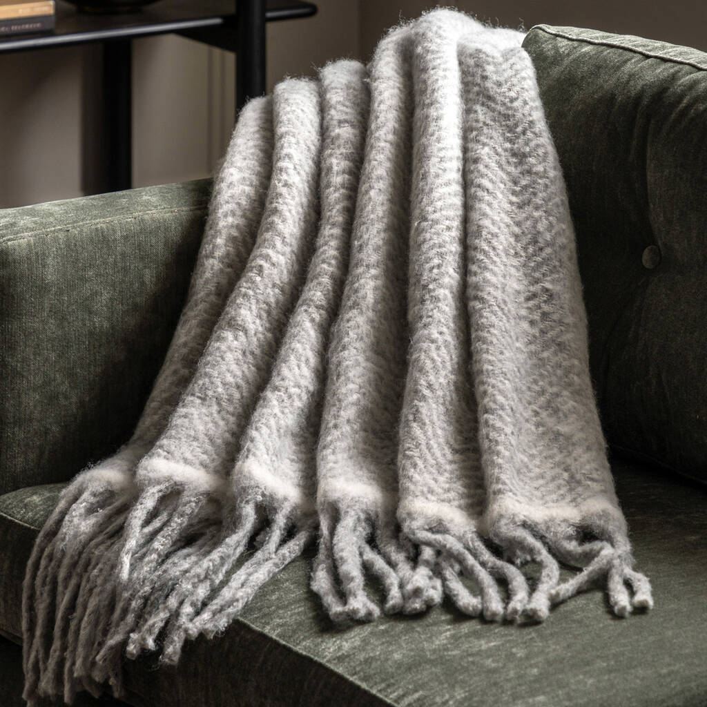 Soft Grey Faux Mohair Fringed Throw, 1 of 4