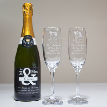 Mr And Mrs Engraved Champagne Flute Set, 5 of 6