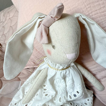 Linen Bunny Rabbit Soft Toy Doll With Ivory Broderie Dress, 3 of 4