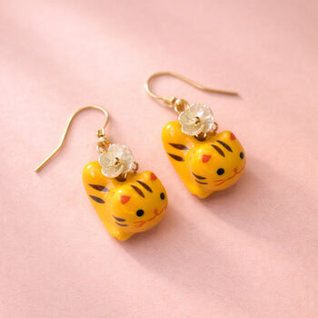 Cat Charm Drop Earrings With Cherry Blossom Detail, 2 of 2