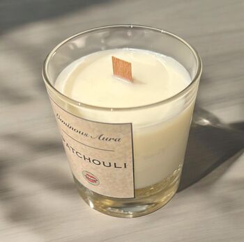 Personalised Patchouli Natural Soy Candle Wooden Wick, 2 of 3