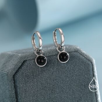 Sterling Silver Dangling Black Onyx Hoop Earrings, 4 of 11