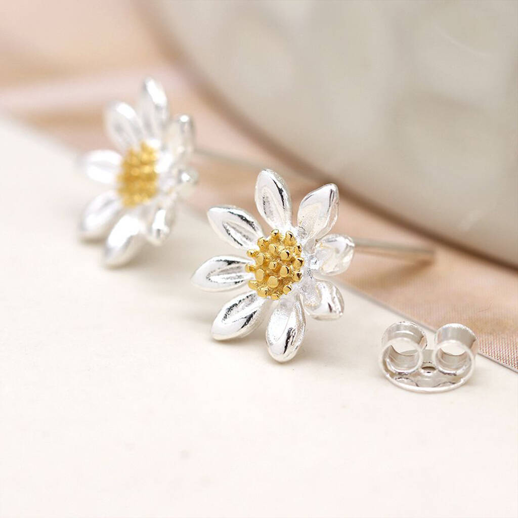Two Tone Daisy Flower Stud Earrings In Sterling Silver, 1 of 12