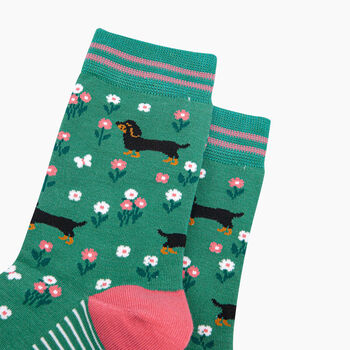 Sausage Dog Floral Bamboo Socks In Green, 2 of 4