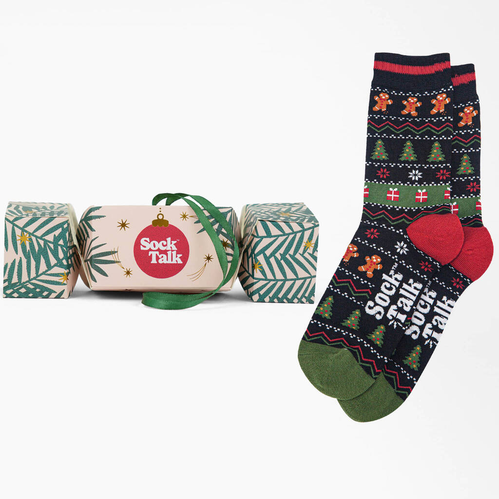 Christmas Gingerbread Bamboo Socks Men's Xmas Cracker Hanging Tree Decoration, 1 of 5