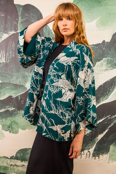 Japanese Crane Print Emerald Green And Ivory Short Kimono, 3 of 6