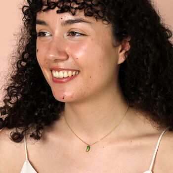 Green Enamel Pickle Pendant Necklace In Gold Plating, 3 of 5