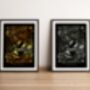 Magpie Two For Joy Floral Gold / Silver Art Print, thumbnail 1 of 5