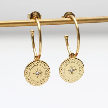 18ct Gold Plated Compass Charm Hoop Earrings, 2 of 7