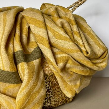 Zebra Print Scarf With Stripe In Mustard And Khaki, 2 of 3