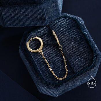 Cz Huggie Hoop Earrings With A Linking Chain, 4 of 12