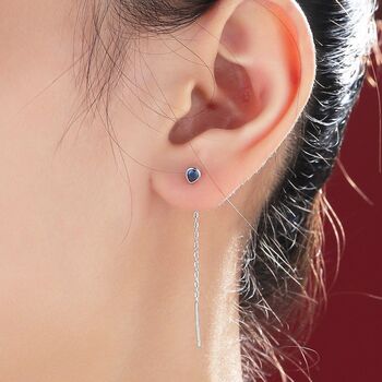 Tiny Sapphire Blue Droplet Bezel Cz Threader Earrings, 5 of 9