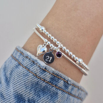 Sterling Silver Birthstone Age Special Birthday Stacking Bead Bracelet Set, 5 of 9