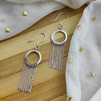 925 Silver Hollow Circle Chains Tassel Drop Earrings, 3 of 8